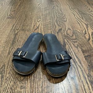 Joie Black leather slip on sandals with gold accent. Size 38